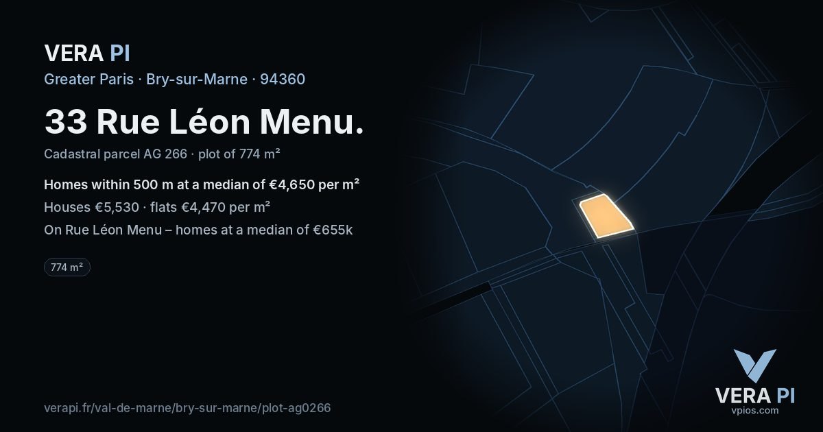 33 Rue Léon Menu, Bry-sur-Marne at night – the plot lit, the parcels around coloured by the prices near them