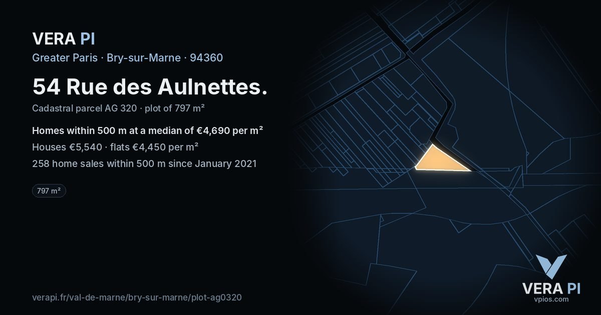 54 Rue des Aulnettes, Bry-sur-Marne at night – the plot lit, the parcels around coloured by the prices near them
