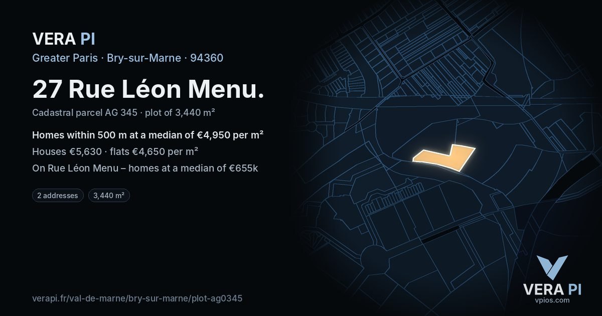 27 Rue Léon Menu, Bry-sur-Marne at night – the plot lit, the parcels around coloured by the prices near them