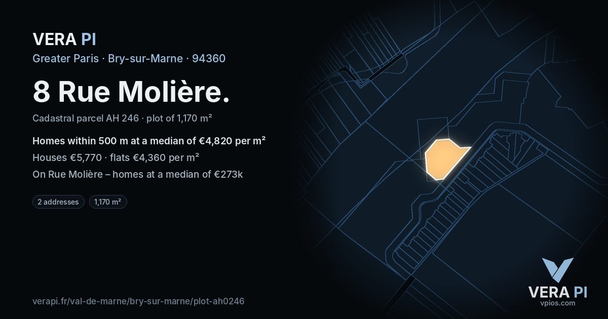 8 Rue Molière, Bry-sur-Marne at night – the plot lit, the parcels around coloured by the prices near them