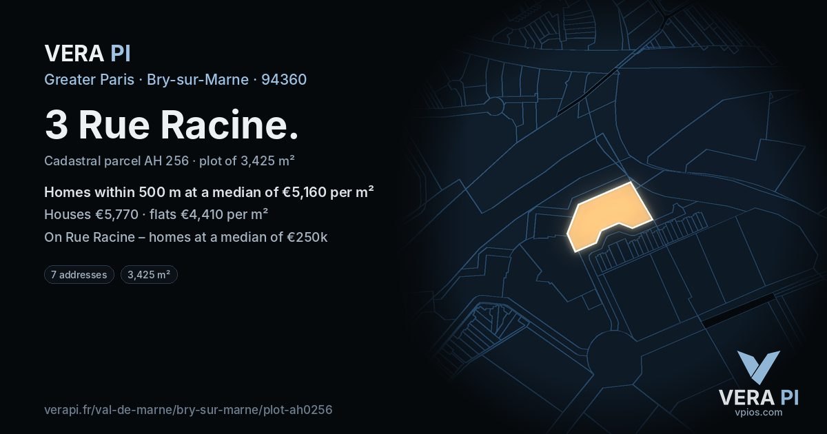 3 Rue Racine, Bry-sur-Marne at night – the plot lit, the parcels around coloured by the prices near them