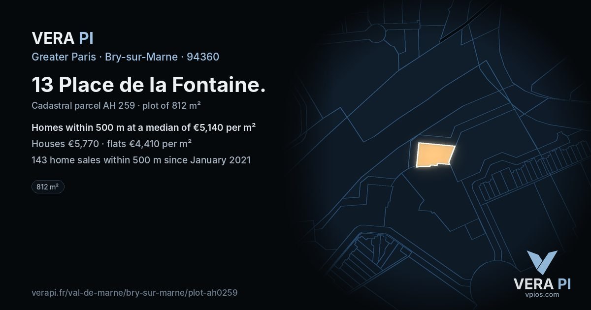 13 Place de la Fontaine, Bry-sur-Marne at night – the plot lit, the parcels around coloured by the prices near them