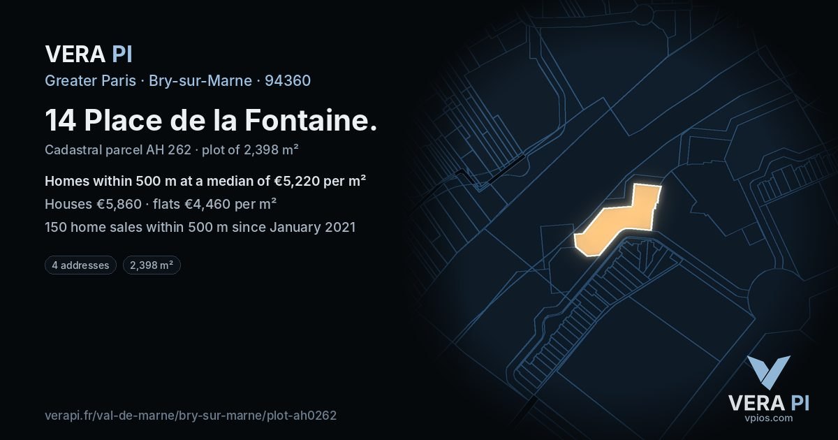 14 Place de la Fontaine, Bry-sur-Marne at night – the plot lit, the parcels around coloured by the prices near them