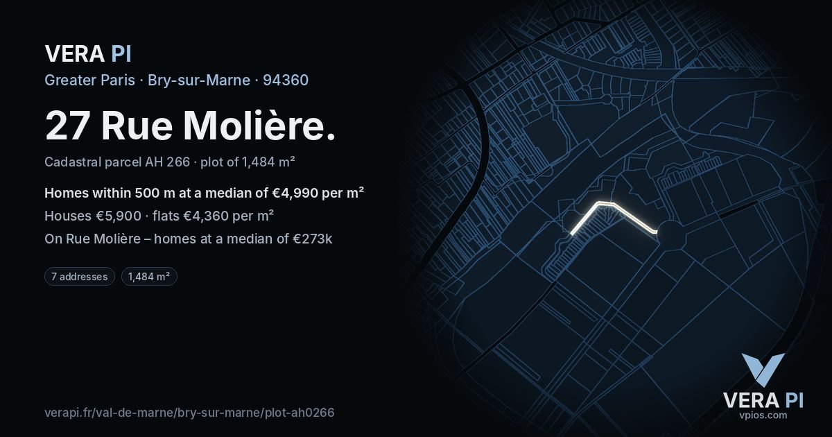 27 Rue Molière, Bry-sur-Marne at night – the plot lit, the parcels around coloured by the prices near them