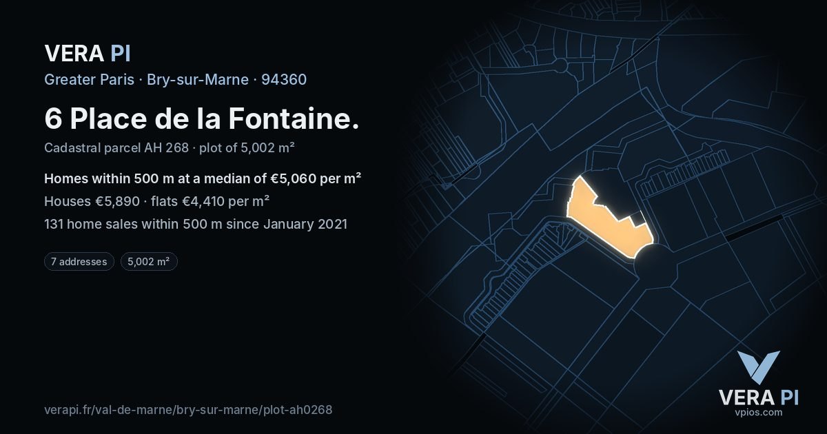 6 Place de la Fontaine, Bry-sur-Marne at night – the plot lit, the parcels around coloured by the prices near them