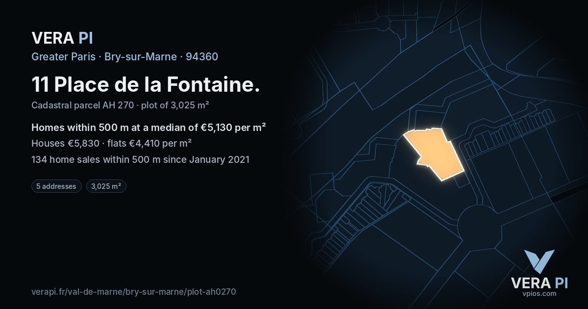 11 Place de la Fontaine, Bry-sur-Marne at night – the plot lit, the parcels around coloured by the prices near them