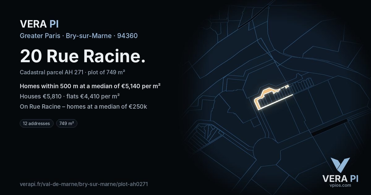 20 Rue Racine, Bry-sur-Marne at night – the plot lit, the parcels around coloured by the prices near them