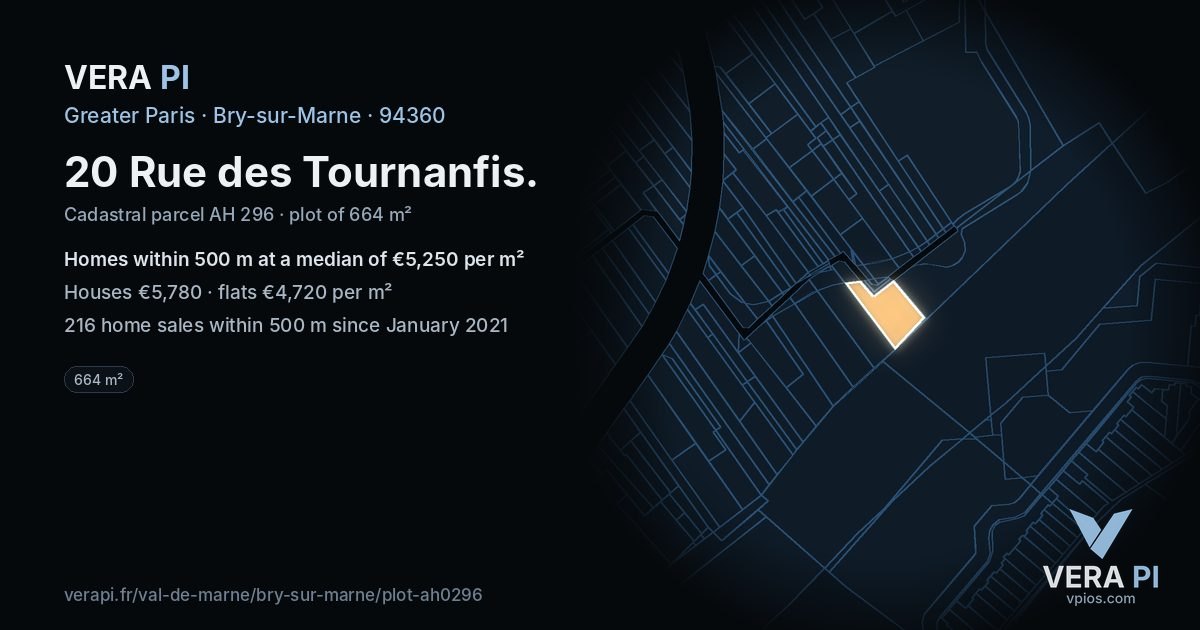 20 Rue des Tournanfis, Bry-sur-Marne at night – the plot lit, the parcels around coloured by the prices near them