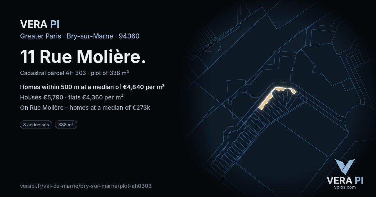 11 Rue Molière, Bry-sur-Marne at night – the plot lit, the parcels around coloured by the prices near them