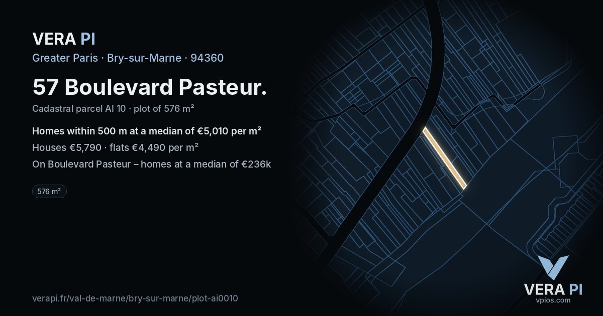 57 Boulevard Pasteur, Bry-sur-Marne at night – the plot lit, the parcels around coloured by the prices near them