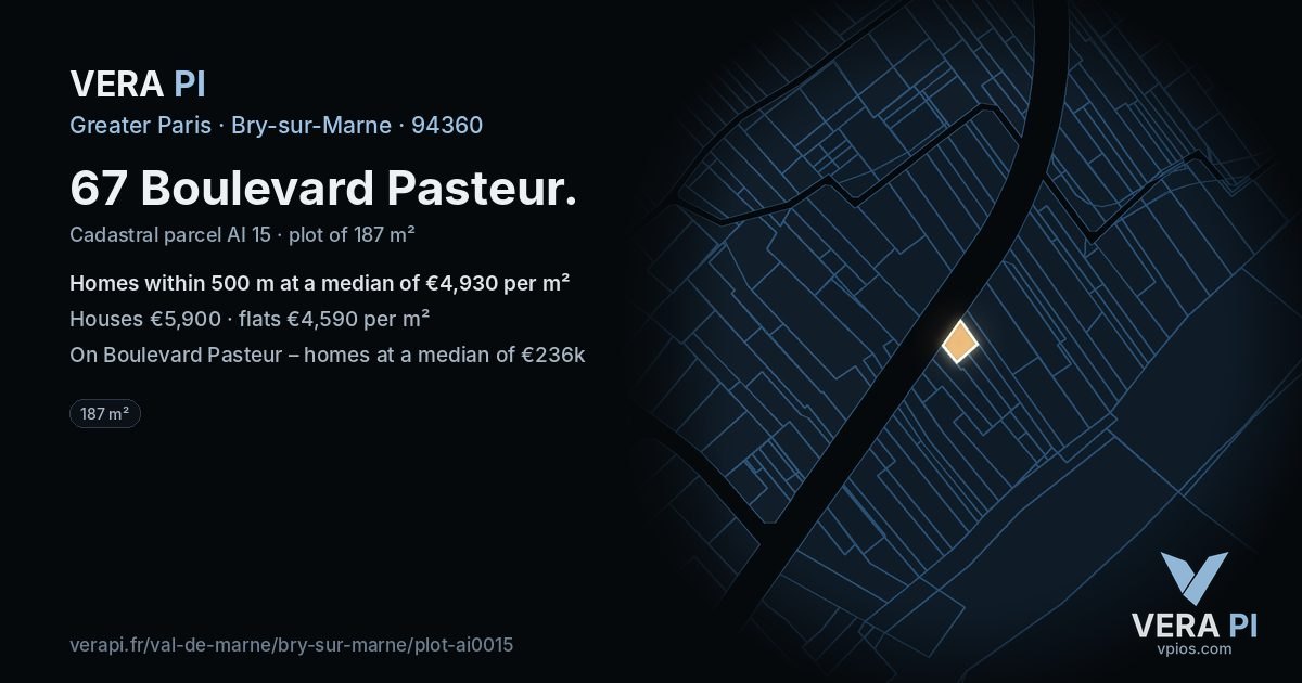 67 Boulevard Pasteur, Bry-sur-Marne at night – the plot lit, the parcels around coloured by the prices near them