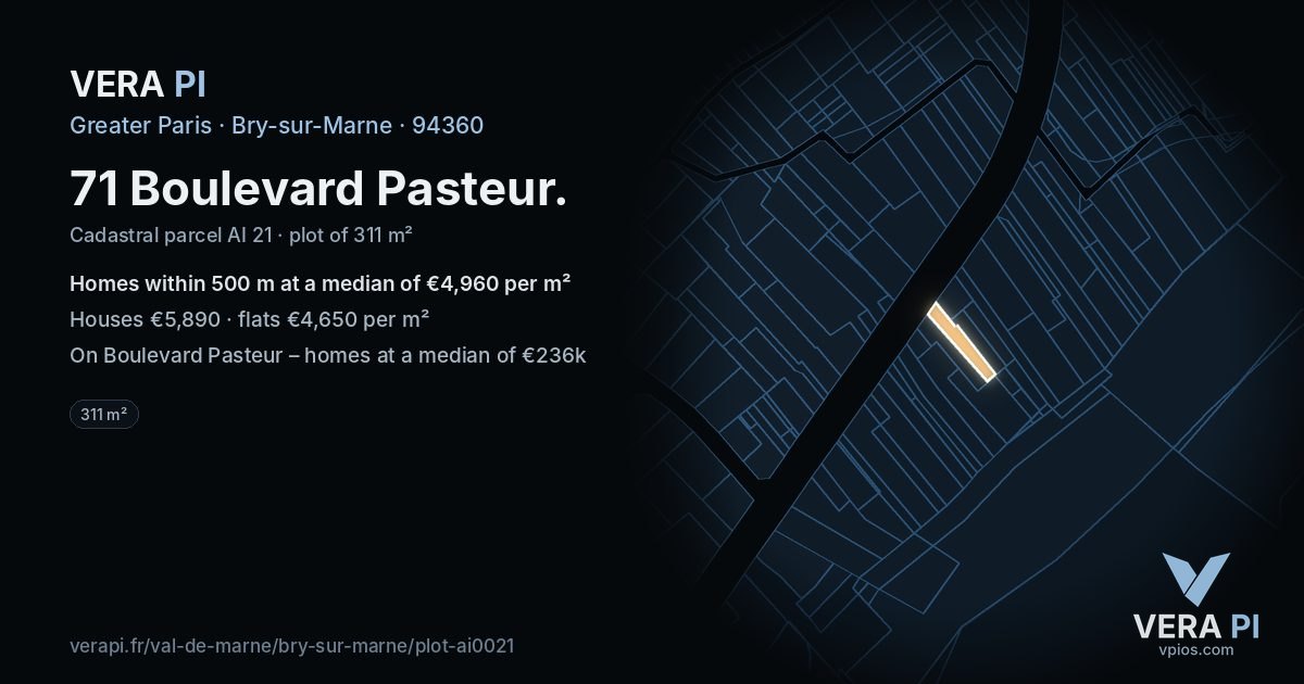 71 Boulevard Pasteur, Bry-sur-Marne at night – the plot lit, the parcels around coloured by the prices near them