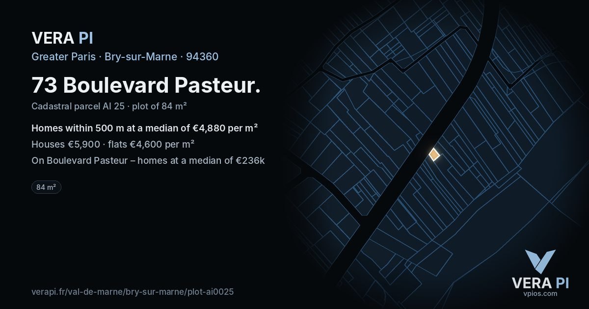 73 Boulevard Pasteur, Bry-sur-Marne at night – the plot lit, the parcels around coloured by the prices near them