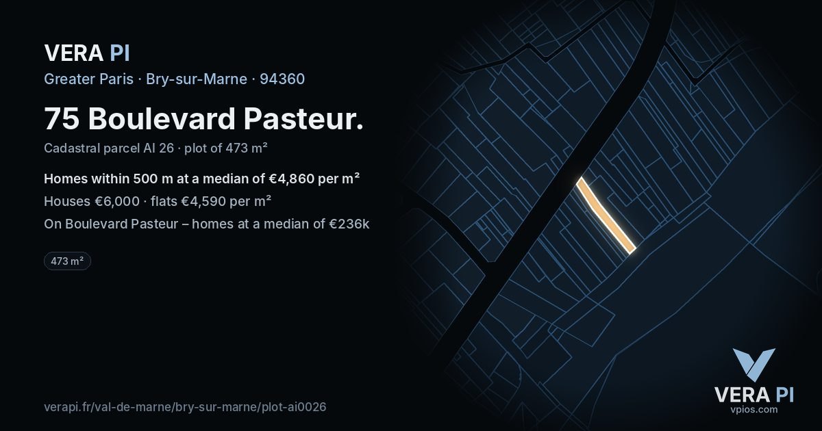75 Boulevard Pasteur, Bry-sur-Marne at night – the plot lit, the parcels around coloured by the prices near them