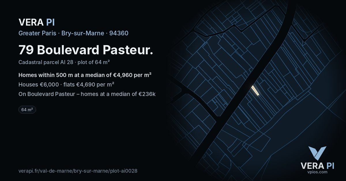 79 Boulevard Pasteur, Bry-sur-Marne at night – the plot lit, the parcels around coloured by the prices near them