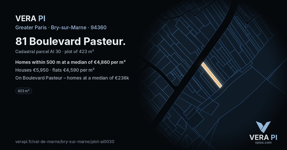 81 Boulevard Pasteur, Bry-sur-Marne at night – the plot lit, the parcels around coloured by the prices near them