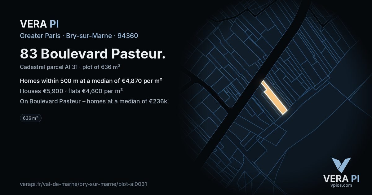 83 Boulevard Pasteur, Bry-sur-Marne at night – the plot lit, the parcels around coloured by the prices near them