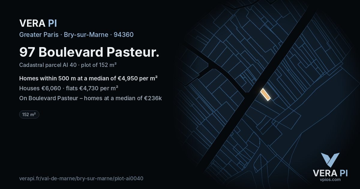 97 Boulevard Pasteur, Bry-sur-Marne at night – the plot lit, the parcels around coloured by the prices near them