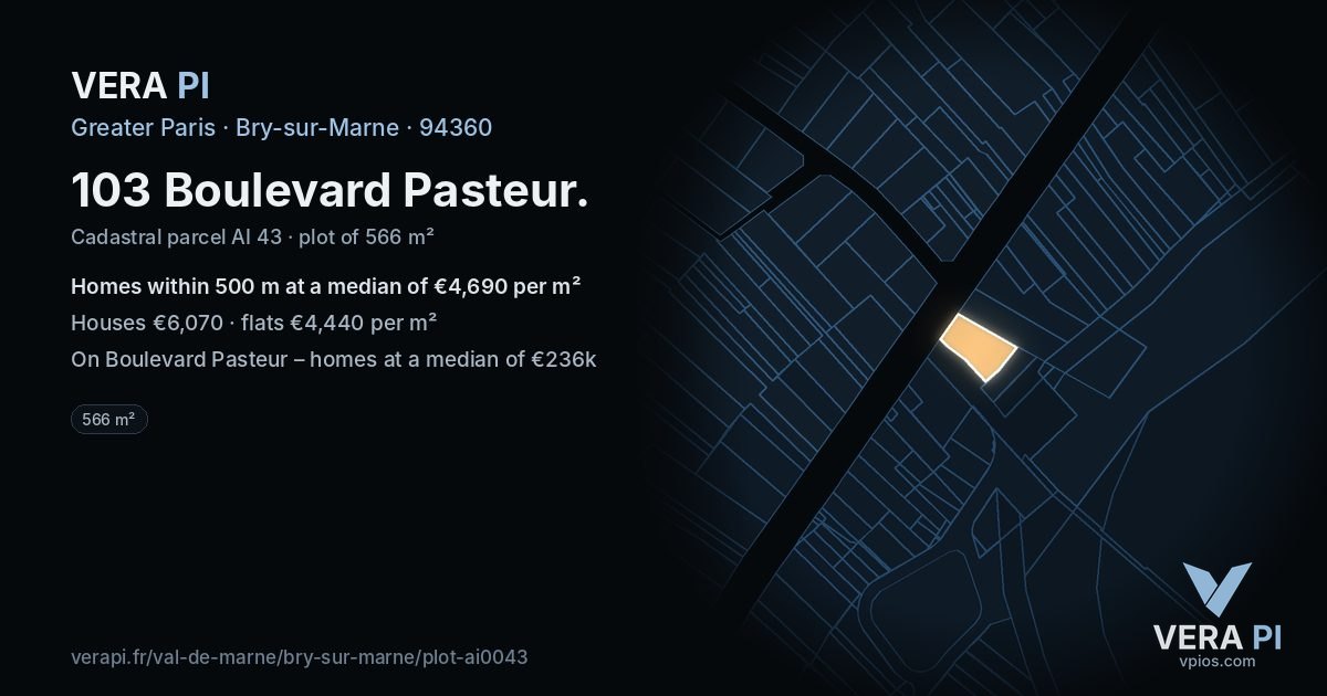103 Boulevard Pasteur, Bry-sur-Marne at night – the plot lit, the parcels around coloured by the prices near them