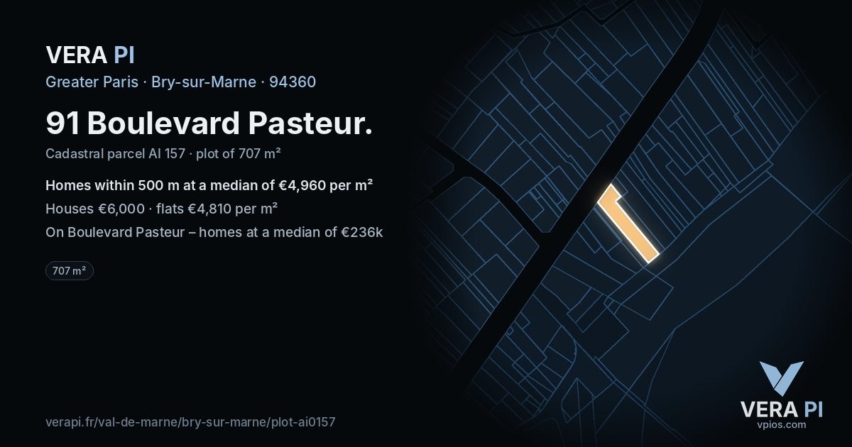 91 Boulevard Pasteur, Bry-sur-Marne at night – the plot lit, the parcels around coloured by the prices near them