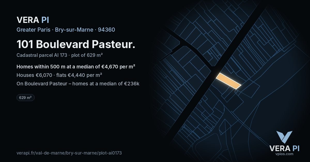 101 Boulevard Pasteur, Bry-sur-Marne at night – the plot lit, the parcels around coloured by the prices near them