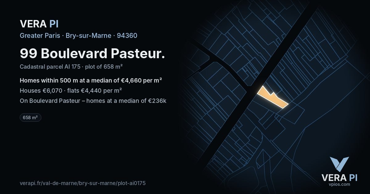 99 Boulevard Pasteur, Bry-sur-Marne at night – the plot lit, the parcels around coloured by the prices near them