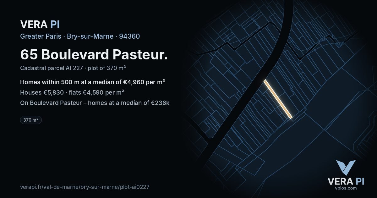 65 Boulevard Pasteur, Bry-sur-Marne at night – the plot lit, the parcels around coloured by the prices near them