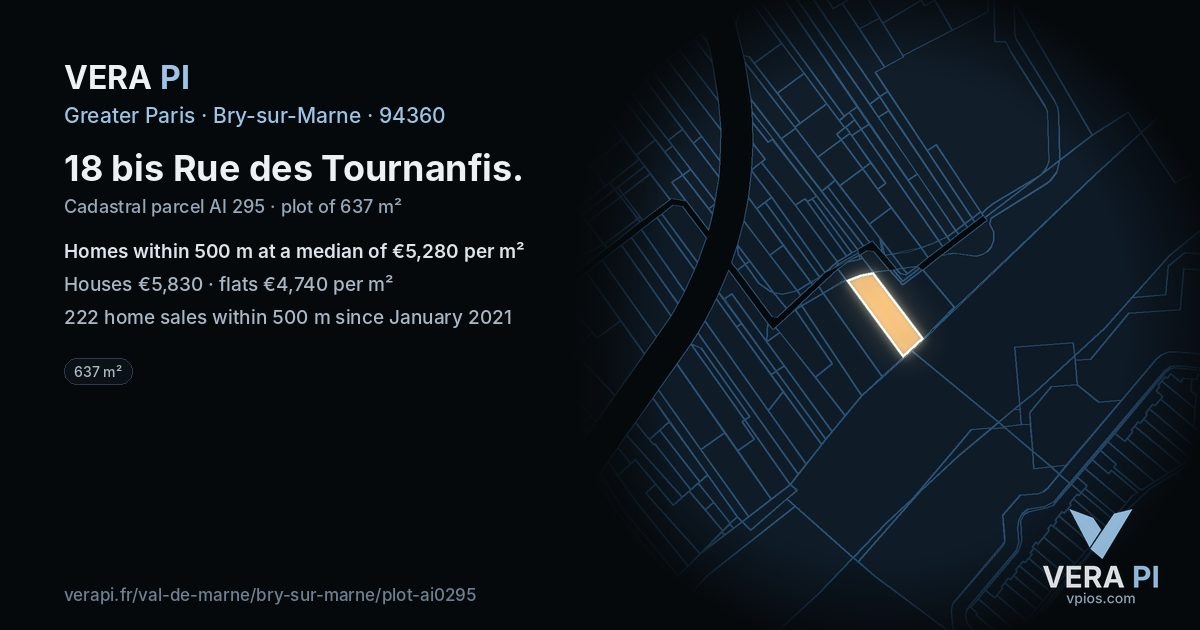 18 bis Rue des Tournanfis, Bry-sur-Marne at night – the plot lit, the parcels around coloured by the prices near them