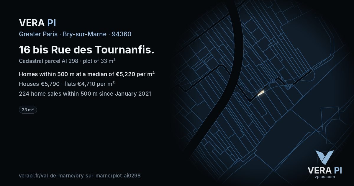 16 bis Rue des Tournanfis, Bry-sur-Marne at night – the plot lit, the parcels around coloured by the prices near them