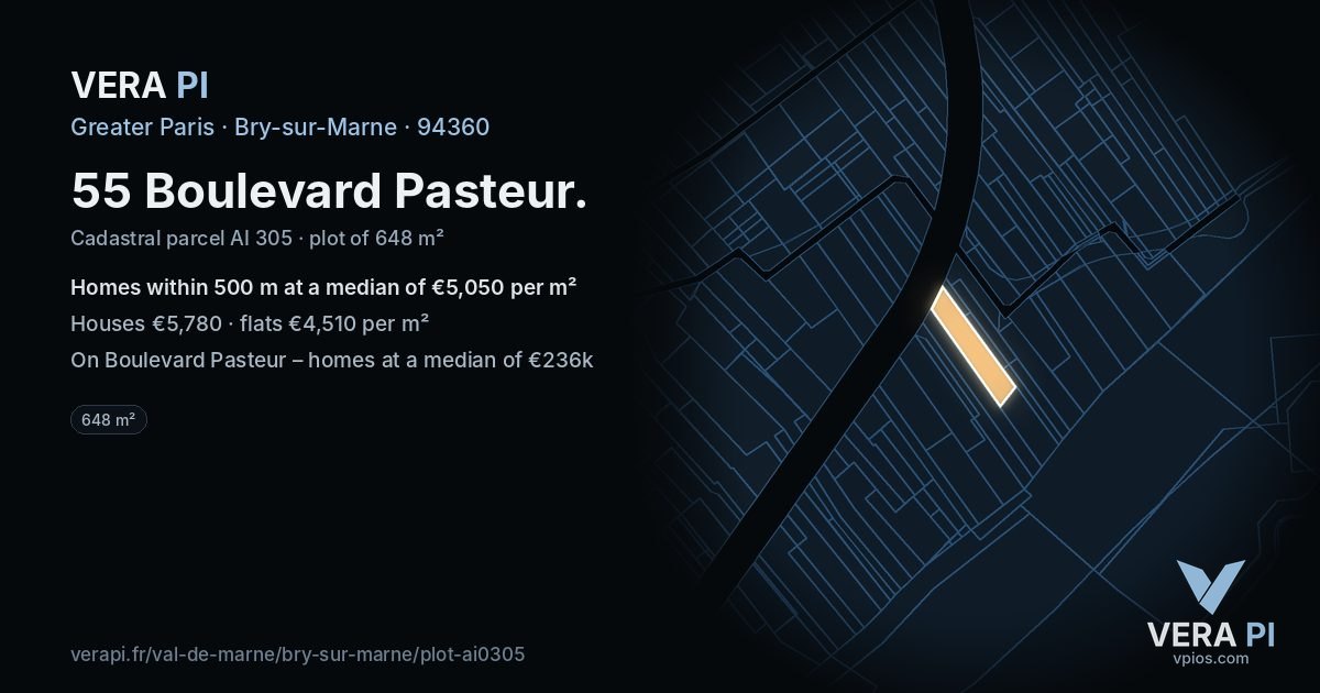55 Boulevard Pasteur, Bry-sur-Marne at night – the plot lit, the parcels around coloured by the prices near them