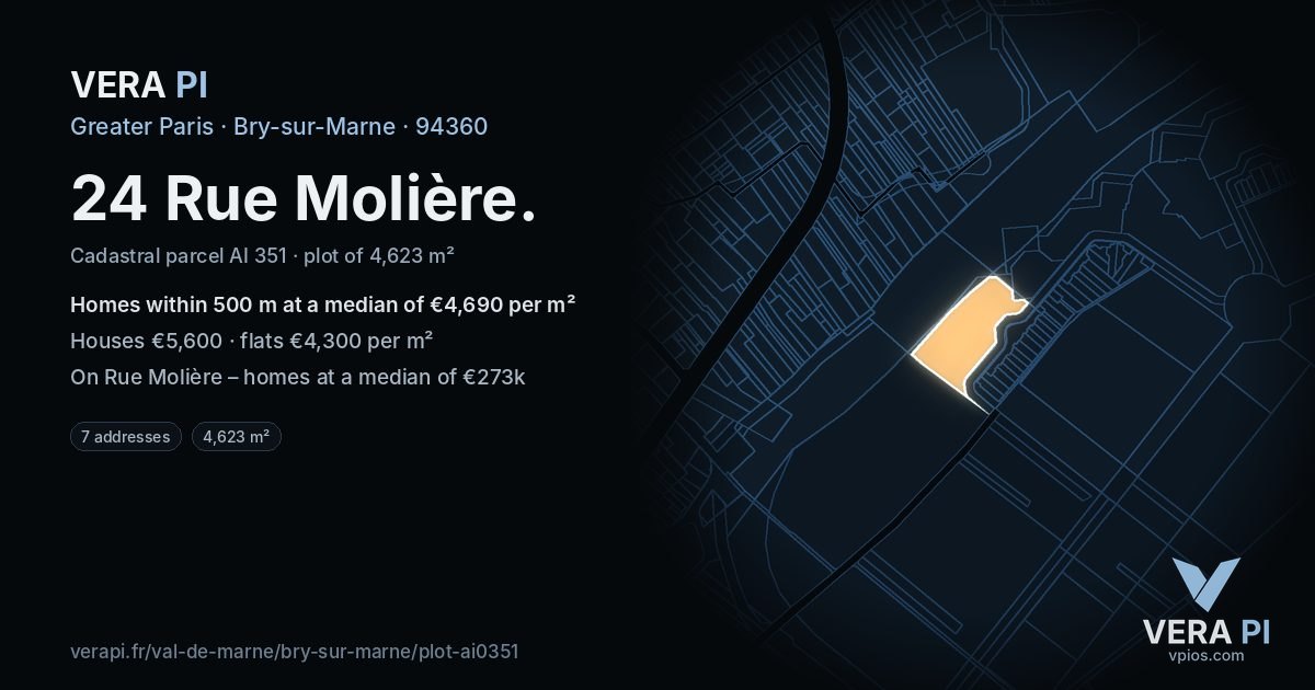 24 Rue Molière, Bry-sur-Marne at night – the plot lit, the parcels around coloured by the prices near them