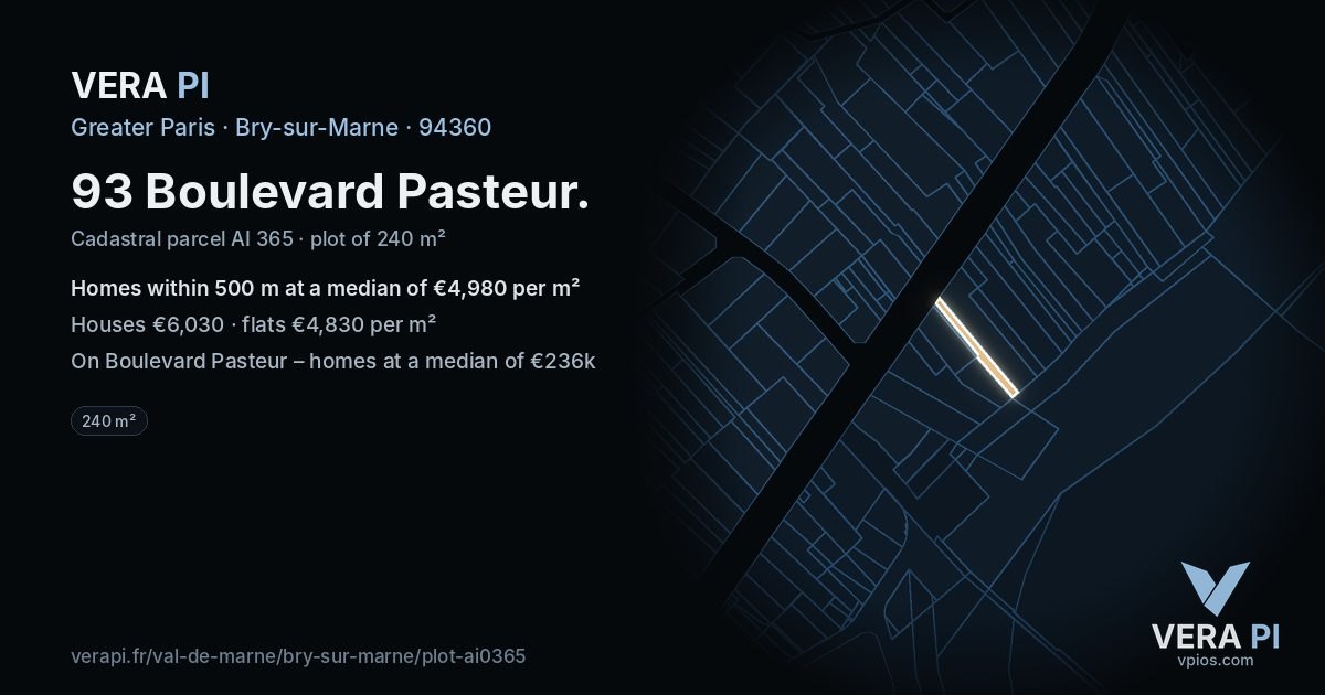 93 Boulevard Pasteur, Bry-sur-Marne at night – the plot lit, the parcels around coloured by the prices near them