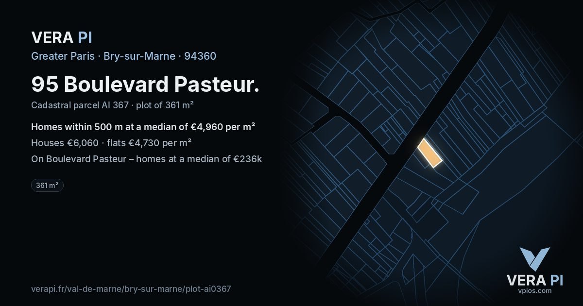 95 Boulevard Pasteur, Bry-sur-Marne at night – the plot lit, the parcels around coloured by the prices near them