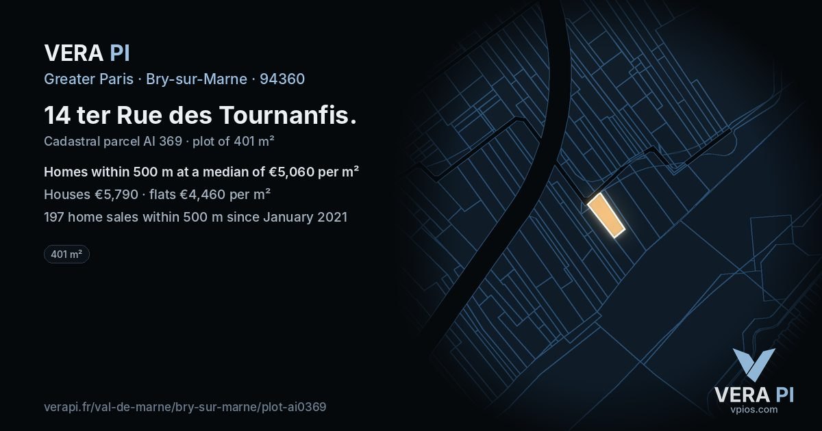 14 ter Rue des Tournanfis, Bry-sur-Marne at night – the plot lit, the parcels around coloured by the prices near them