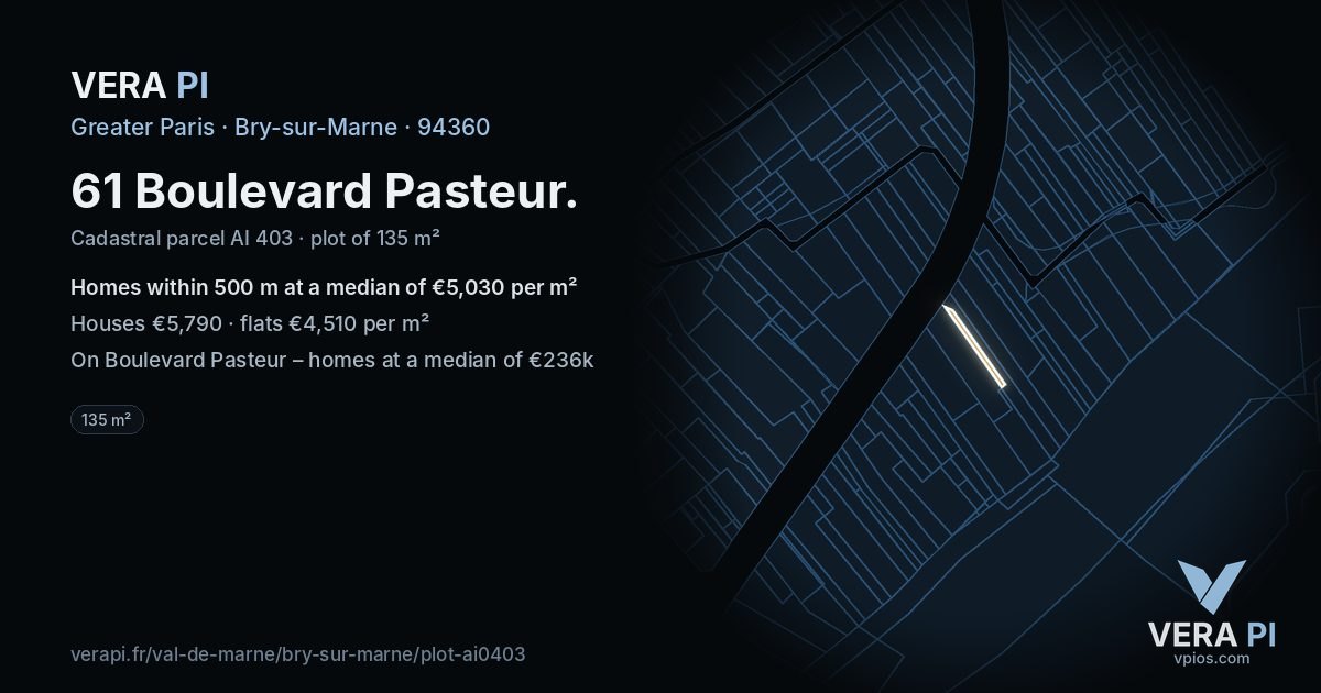 61 Boulevard Pasteur, Bry-sur-Marne at night – the plot lit, the parcels around coloured by the prices near them