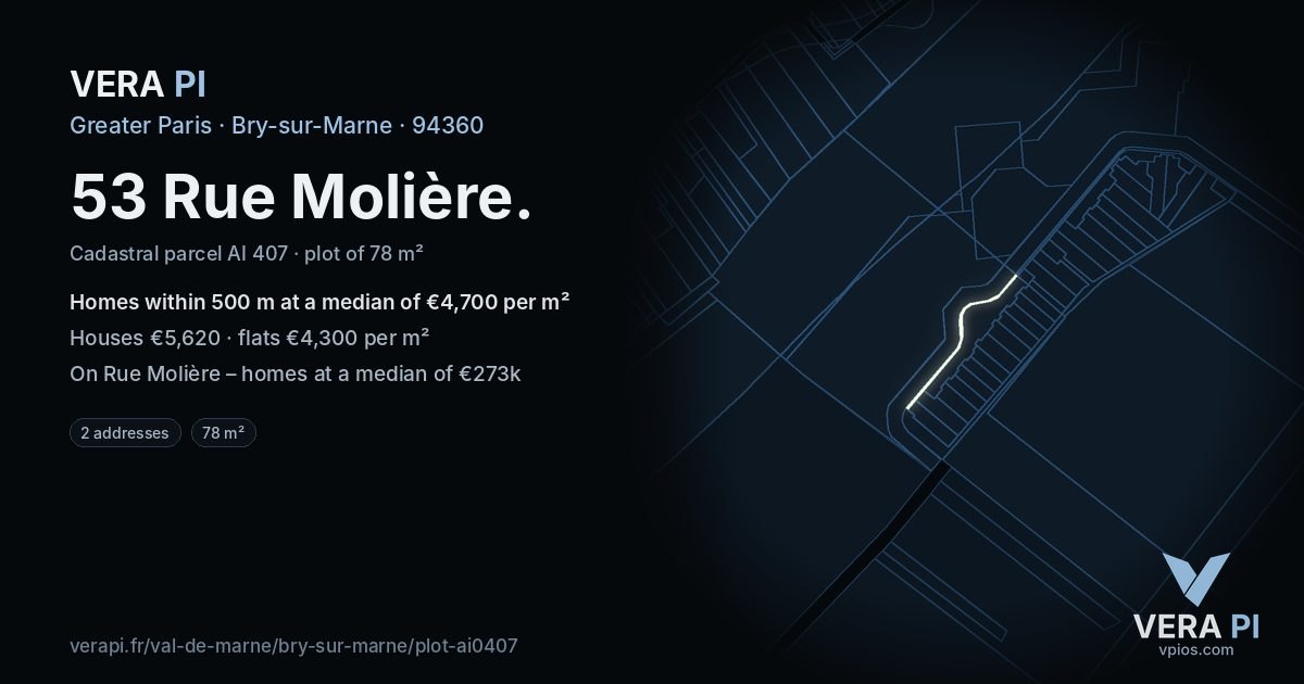53 Rue Molière, Bry-sur-Marne at night – the plot lit, the parcels around coloured by the prices near them
