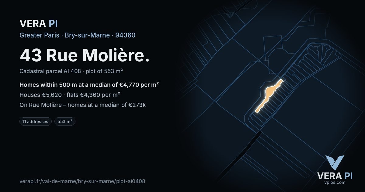 43 Rue Molière, Bry-sur-Marne at night – the plot lit, the parcels around coloured by the prices near them