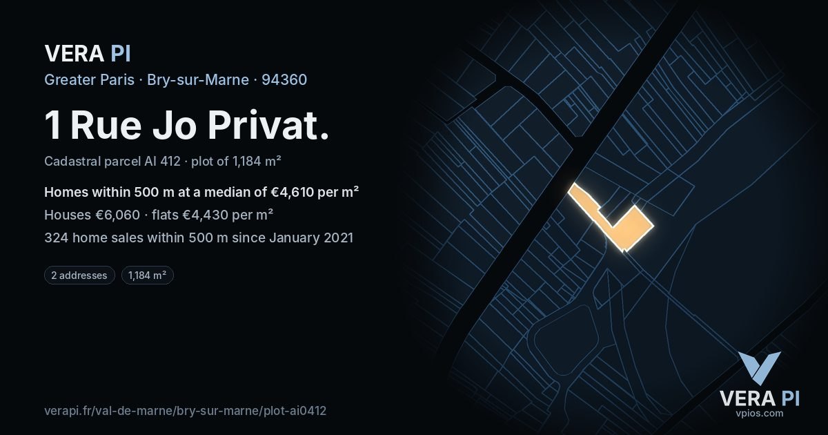 1 Rue Jo Privat, Bry-sur-Marne at night – the plot lit, the parcels around coloured by the prices near them