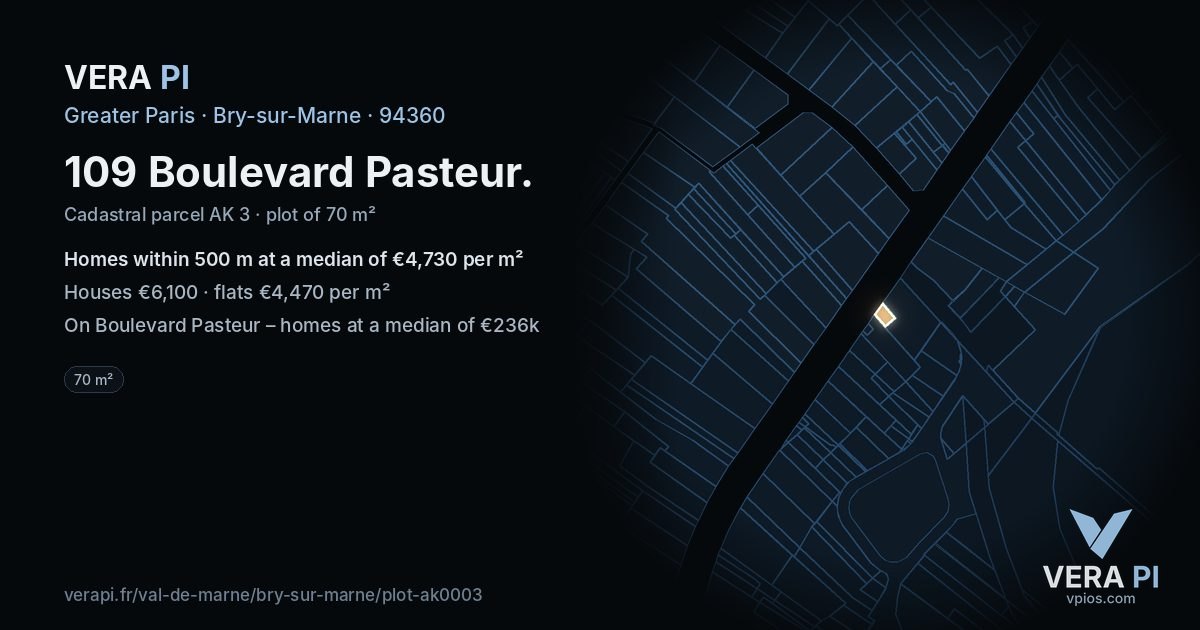 109 Boulevard Pasteur, Bry-sur-Marne at night – the plot lit, the parcels around coloured by the prices near them
