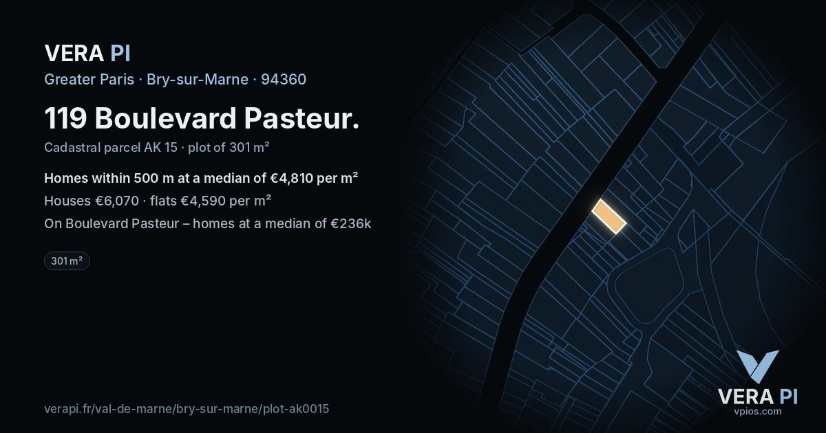 119 Boulevard Pasteur, Bry-sur-Marne at night – the plot lit, the parcels around coloured by the prices near them