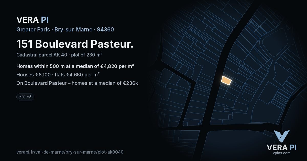 151 Boulevard Pasteur, Bry-sur-Marne at night – the plot lit, the parcels around coloured by the prices near them