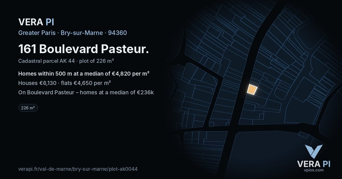 161 Boulevard Pasteur, Bry-sur-Marne at night – the plot lit, the parcels around coloured by the prices near them