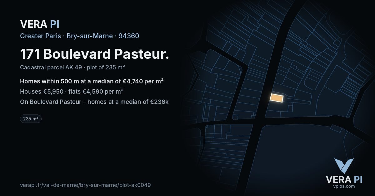 171 Boulevard Pasteur, Bry-sur-Marne at night – the plot lit, the parcels around coloured by the prices near them