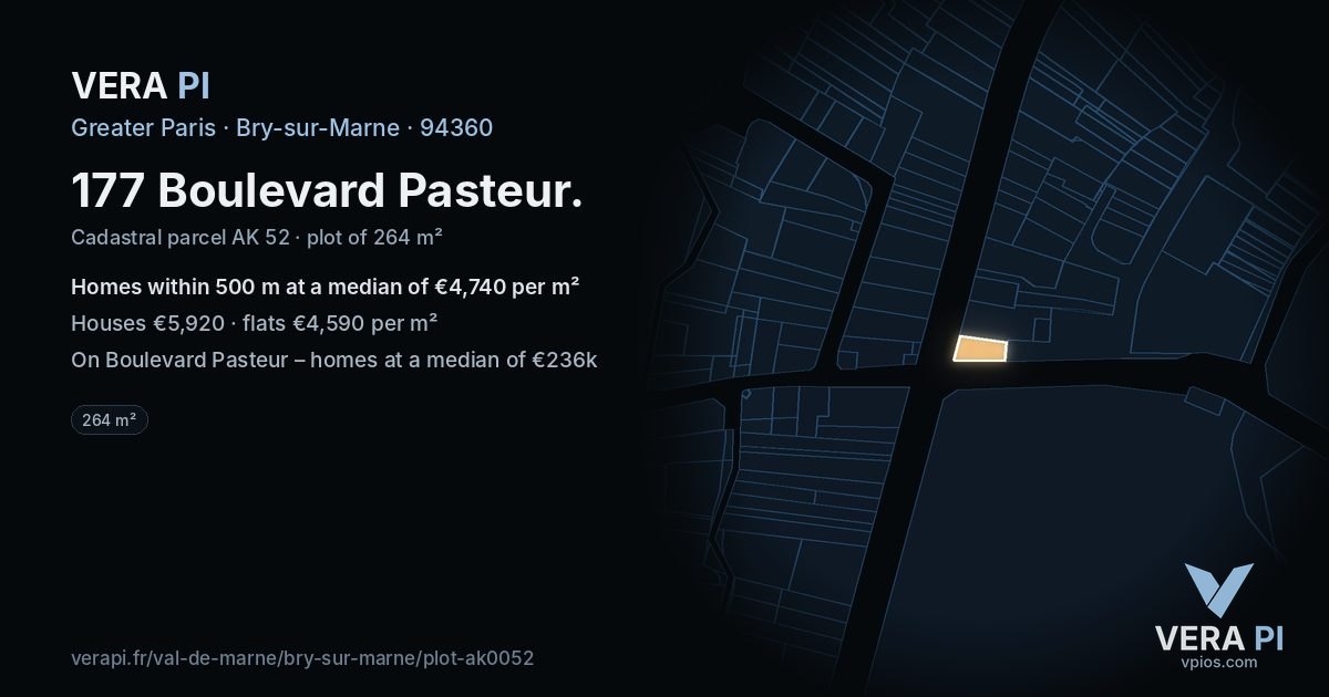 177 Boulevard Pasteur, Bry-sur-Marne at night – the plot lit, the parcels around coloured by the prices near them