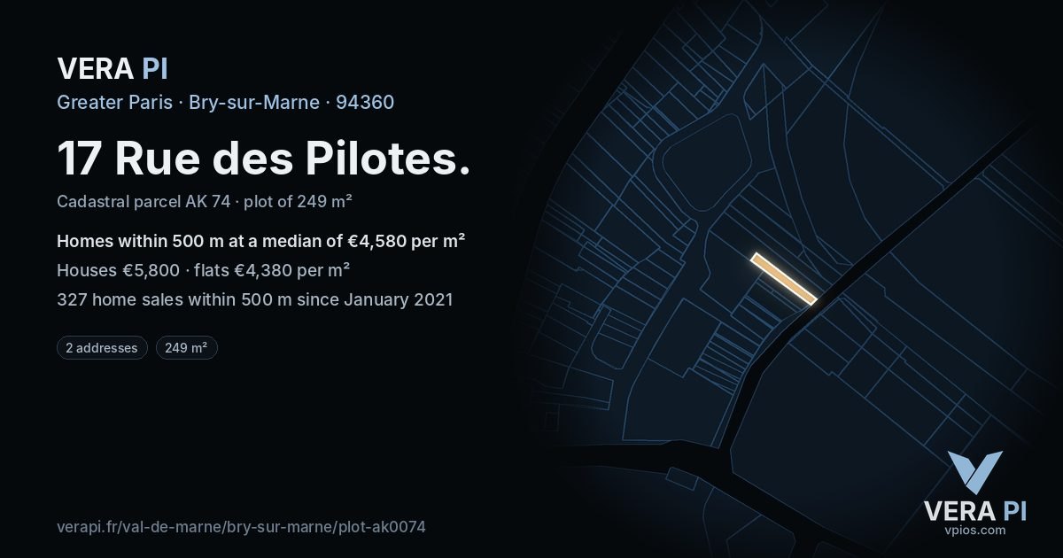 17 Rue des Pilotes, Bry-sur-Marne at night – the plot lit, the parcels around coloured by the prices near them