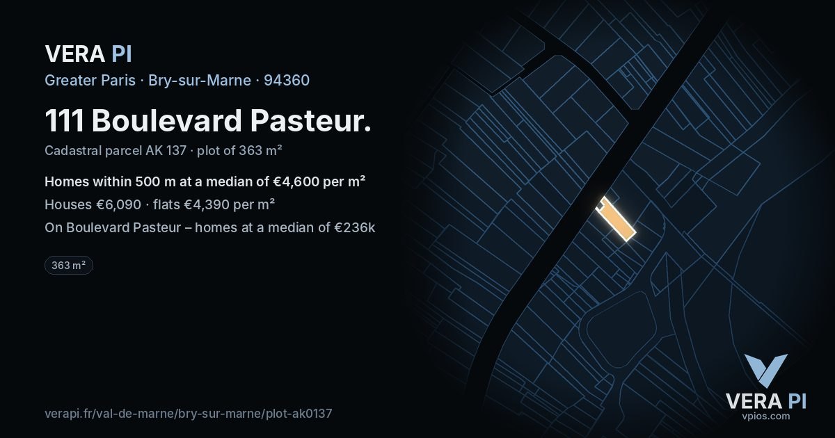 111 Boulevard Pasteur, Bry-sur-Marne at night – the plot lit, the parcels around coloured by the prices near them