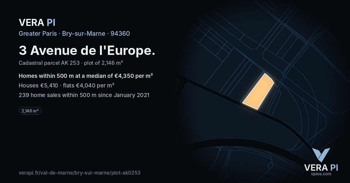 3 Avenue de l'Europe, Bry-sur-Marne at night – the plot lit, the parcels around coloured by the prices near them