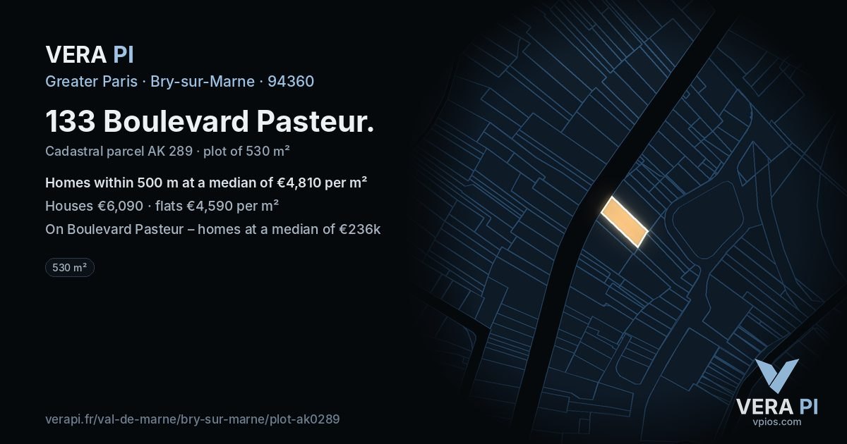 133 Boulevard Pasteur, Bry-sur-Marne at night – the plot lit, the parcels around coloured by the prices near them