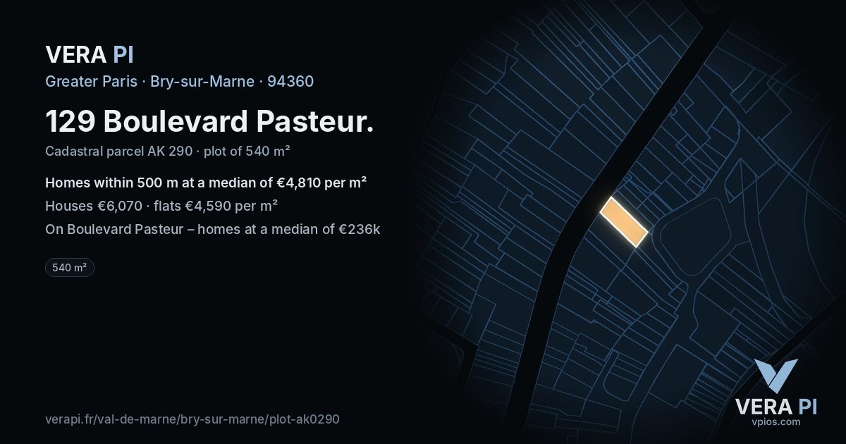 129 Boulevard Pasteur, Bry-sur-Marne at night – the plot lit, the parcels around coloured by the prices near them