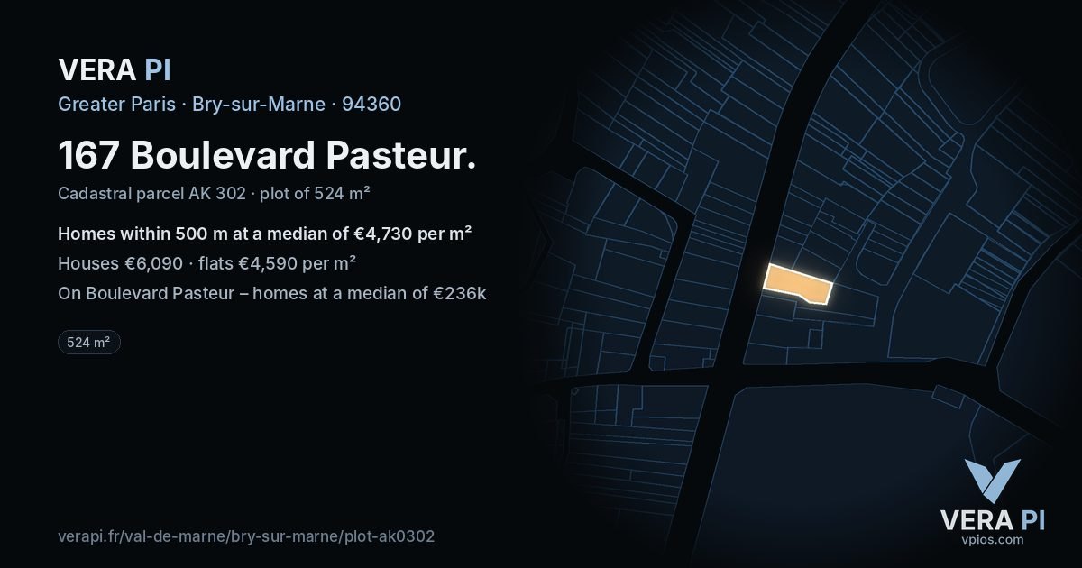 167 Boulevard Pasteur, Bry-sur-Marne at night – the plot lit, the parcels around coloured by the prices near them